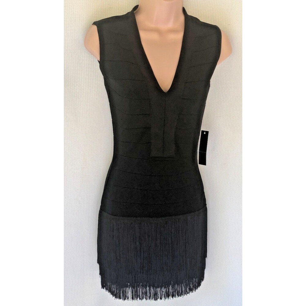 NWT VENUS Black Bandage Fringe Bodycon Dress Size 2 Deep V Cocktail Party LBD